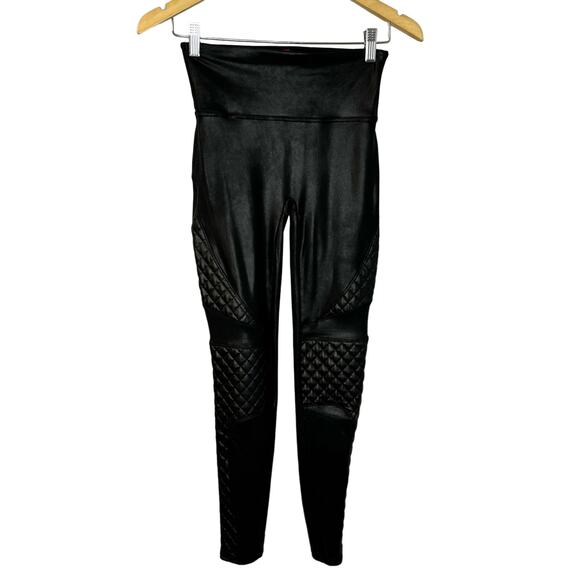 Spanx Quilted Faux Leather Moto Legging Black Stretch Slimming Women's Small - Picture 2 of 11